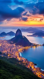 里约热内卢的日落下的面包山和瓜纳巴拉湾