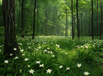 郁郁葱葱的森林里盛开着白色的花朵