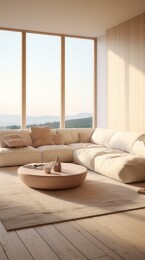 明亮通风的客厅有大窗户和中性色调