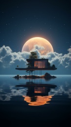 水上明月映衬下的未来派房屋