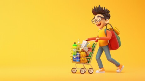 一个推着购物车的 3D 卡通男孩