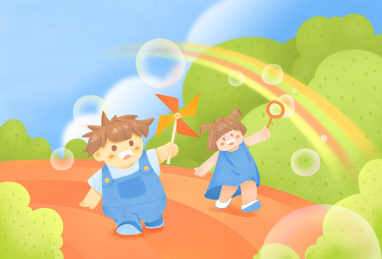 小男孩小女孩在户外奔跑玩耍庆祝节日插画