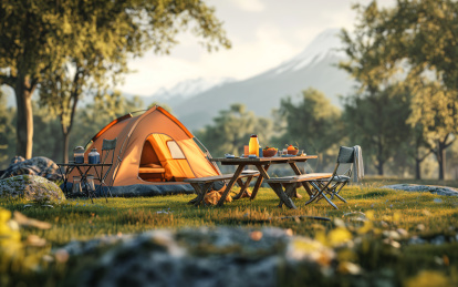 度假休闲野炊营地帐的帐篷和木桌