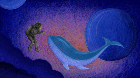 宇航员在太空宇宙飞翔遇到鲸鱼