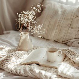 家里床上放着书的咖啡杯特写镜头