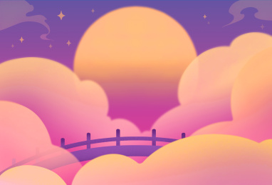 云层中的桥梁和星空下团圆的圆月手绘插画