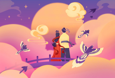 七夕情人节在鹊桥上约会的牛郎织女手绘插画