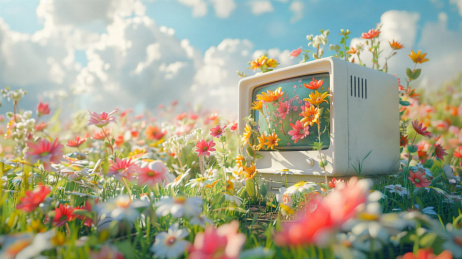 花丛中的电视机