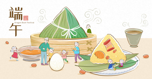 饭桌上的微型人物与粽子 欢乐端午节横幅