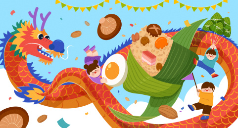 东方龙小孩与美味粽子 欢乐端午节插图