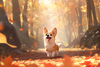 秋天一只柯基犬欢快地在林间小道上奔跑插画