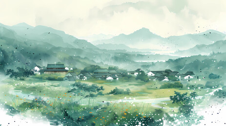 中国水墨画风格江南乡村春天风景画背景