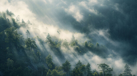 浓雾笼罩着绿色茂密的森林令人惊叹的早晨背