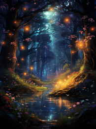 阳光透过树林照亮小径的森林景象