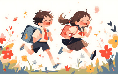 学生背着书包开心上学手绘插画