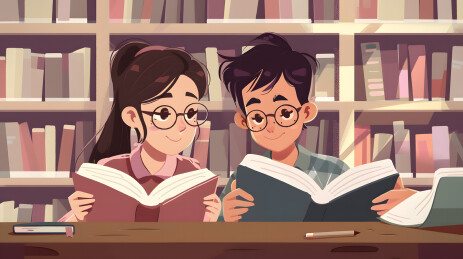 一个男同学和一个女同学在图书馆里读书