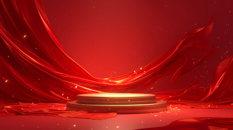 3D立体中国风红绸衬托的圆形展台背景插画