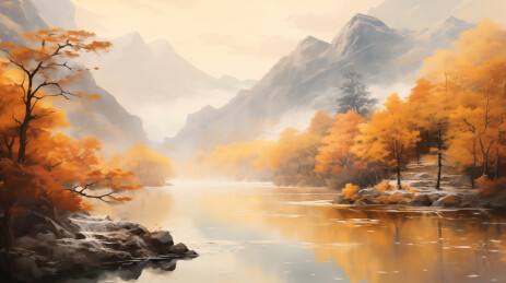 秋天树叶发黄的山水画