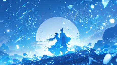 七夕概念插图，在月光下约会的牛郎织女