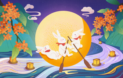 划船的玉兔与桂花山景 惬意中秋节插图