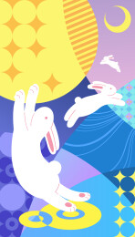 跳跃的白兔与叠印花纹背景 可爱中秋海报