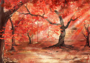古风手绘水彩风格风景插画红叶染秋