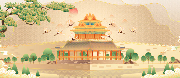 北京故宫角楼古建筑矢量插画