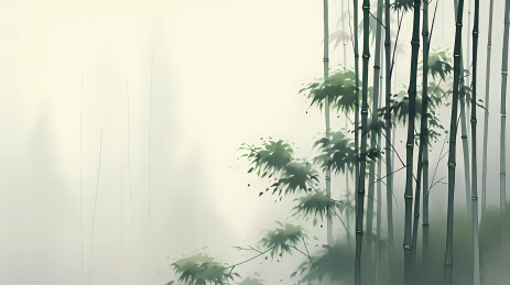 中国风水墨竹子树木远山插画