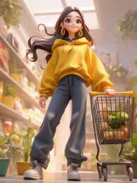 推着购物车的3D卡通女性