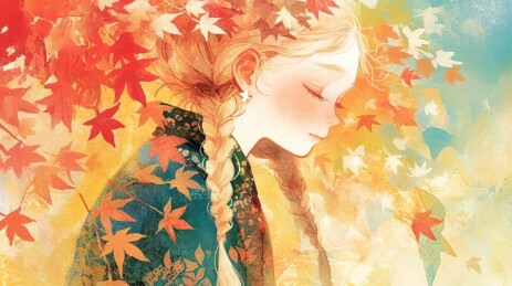 秋天水彩枫叶和女孩