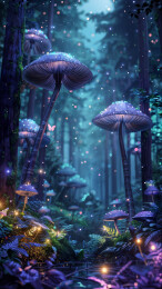 紫色梦幻森林中的蘑菇和蝴蝶