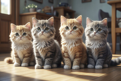 四只可爱的猫咪成一排坐在地板上3d动画风