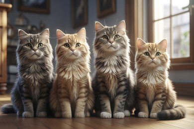 四只可爱的猫咪成一排坐在地板上3d动画风