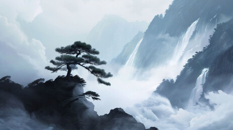 中国风诗意云雾江山唯美风景山水节气插画