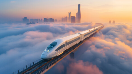 在城市上空高速飞驰的列车