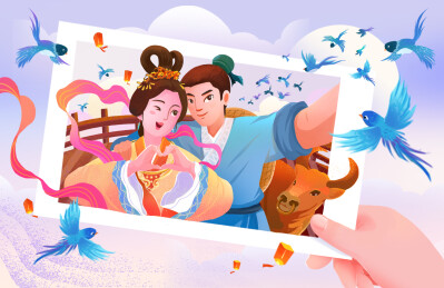 七夕情侣相会古代神话传说合影合照自拍场景