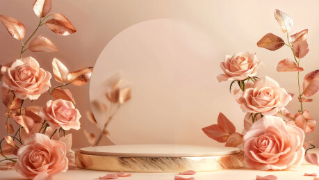 橙色背景唯美玫瑰花围绕中的圆形产品展台