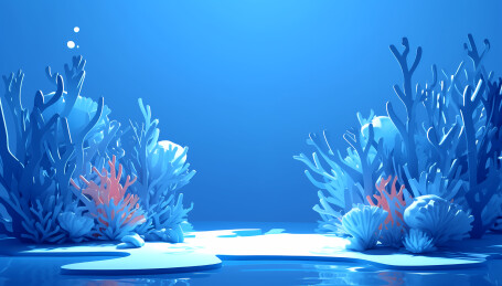 蓝色海水珊瑚海草产品展台三维插画