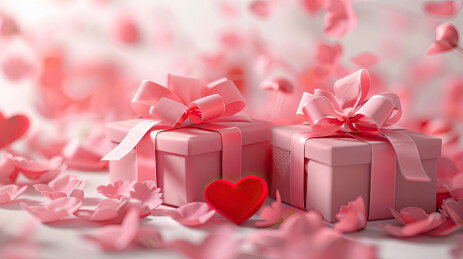周围铺满花瓣的粉色情人节礼盒