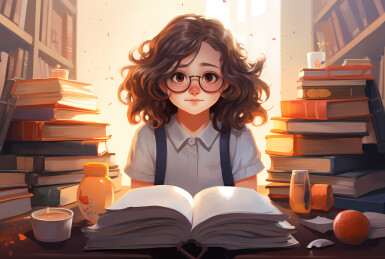 卡通女小学生在思考写作业