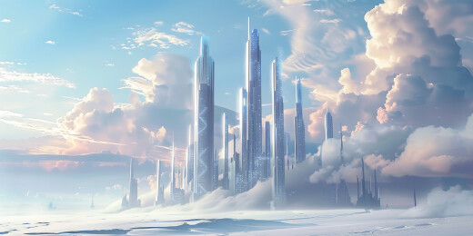 天空映衬下的城市建筑全景