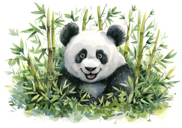 竹林里一只可爱大熊猫水彩插画