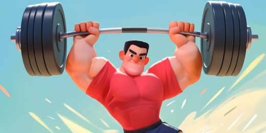 夸张举重双手举杠铃的男孩3D卡通插画绘画