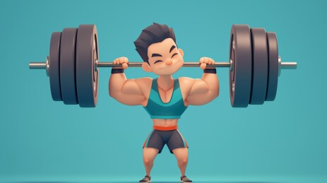 夸张举重双手举杠铃的男孩3D卡通插画绘画