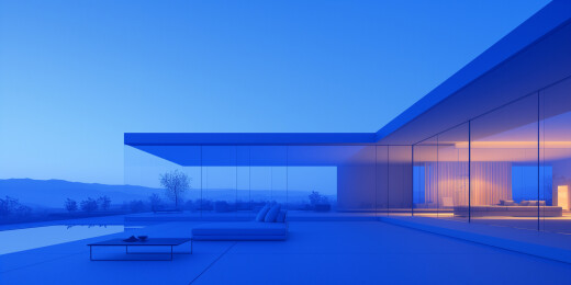 夜晚晴朗现代山间别墅平顶建筑局部插画绘画