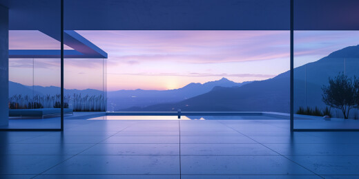 夜晚晴朗现代山间别墅平顶建筑局部插画绘画