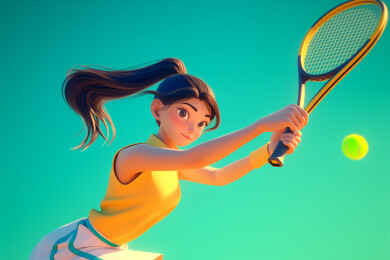 白天晴天打网球的黑头发女孩3D卡通插画