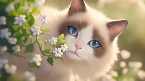 可爱的布偶猫在花丛中探头动物卡通插画壁纸