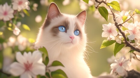 可爱的布偶猫在花丛中动物卡通插画壁纸