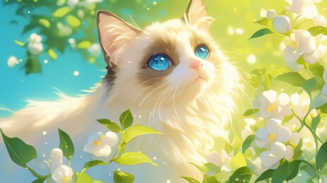 可爱布偶猫在花丛中动物卡通插画壁纸